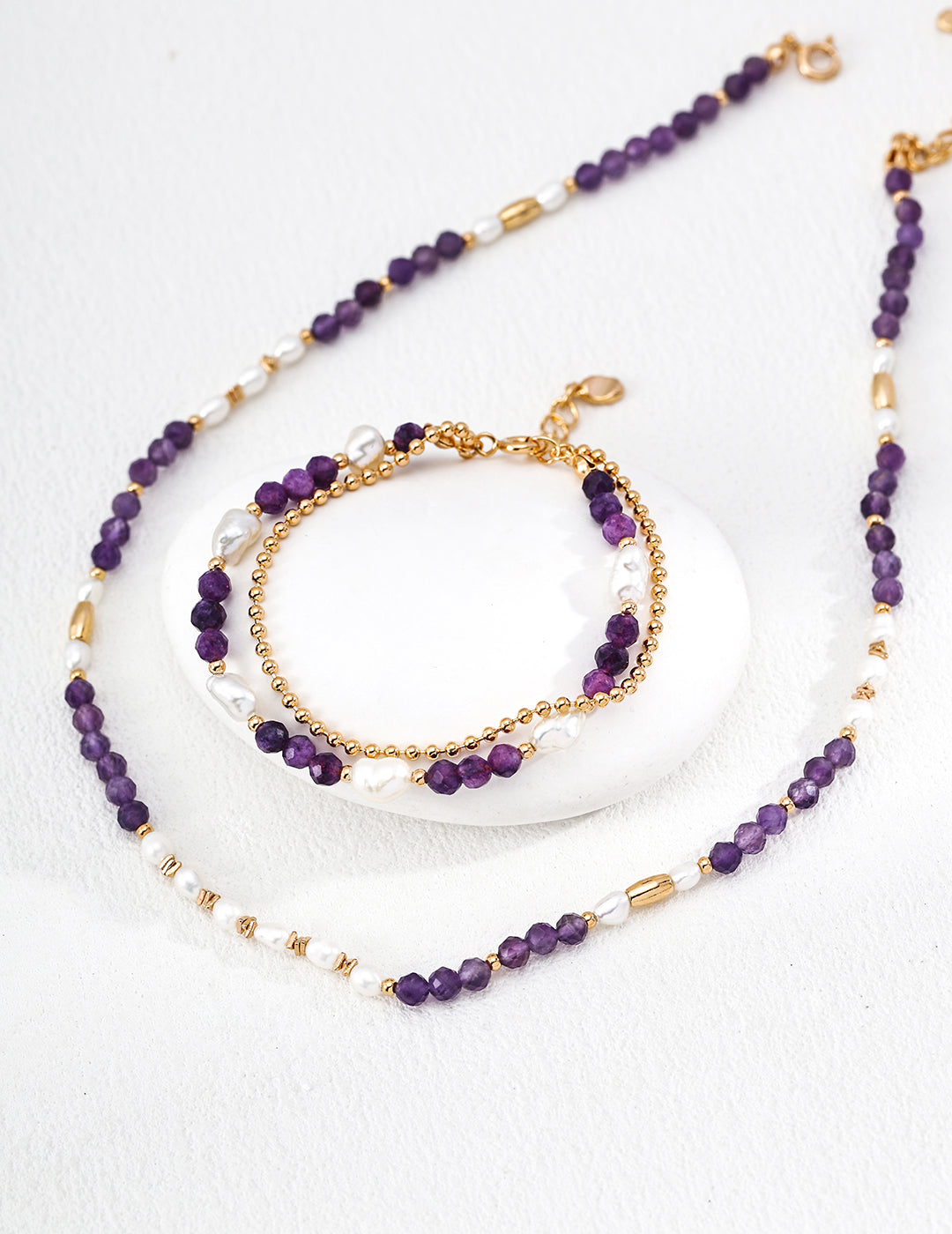 Natural Amethyst & Baroque Pearl S925 Layered Bracelet - Set on Pedestal