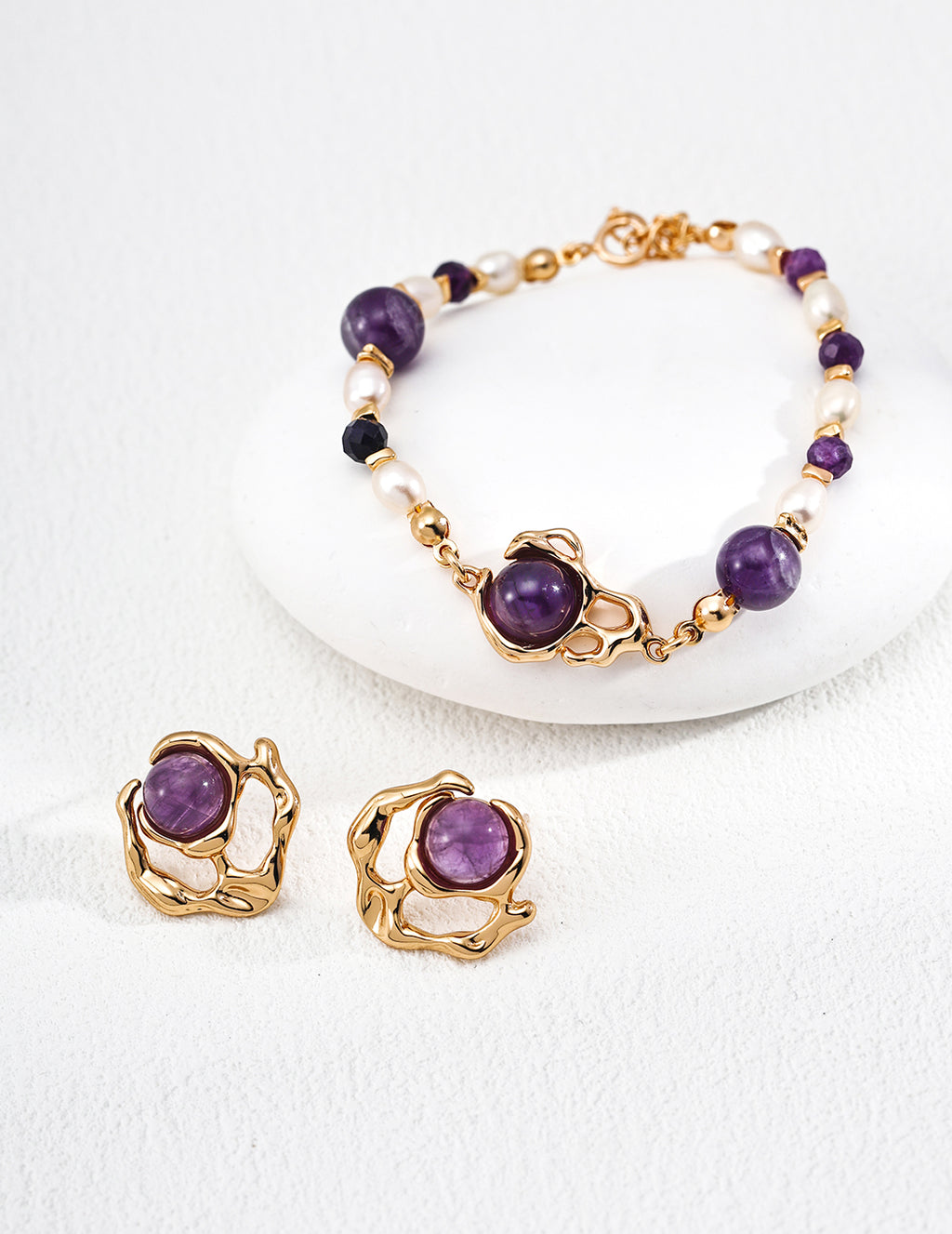Molten Gold Amethyst Orb & Pearl S925 Bracelet - With Earrings