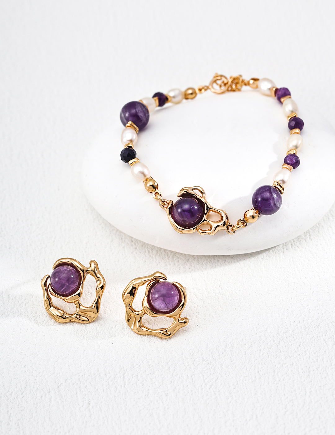 Molten Gold Amethyst Orb & Pearl S925 Bracelet - With Earrings