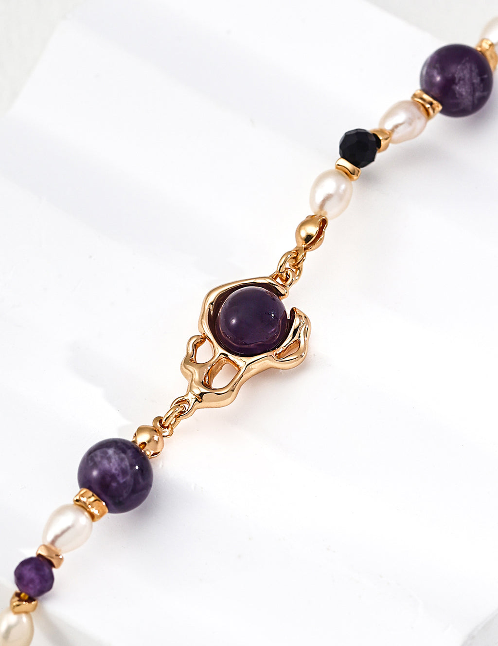 Molten Gold Amethyst Orb & Pearl S925 Bracelet - Macro Close Up