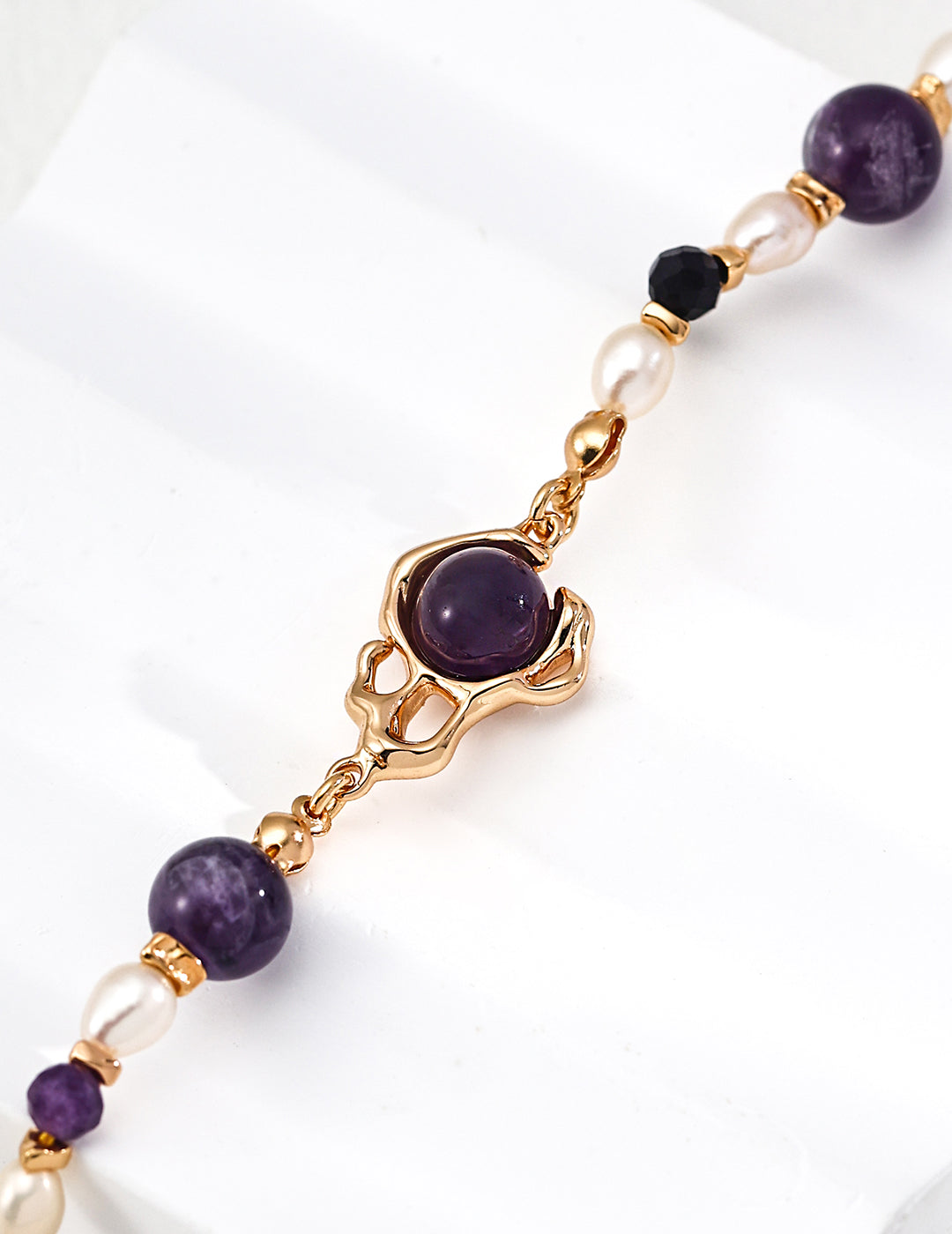 Molten Gold Amethyst Orb & Pearl S925 Bracelet - Macro Close Up