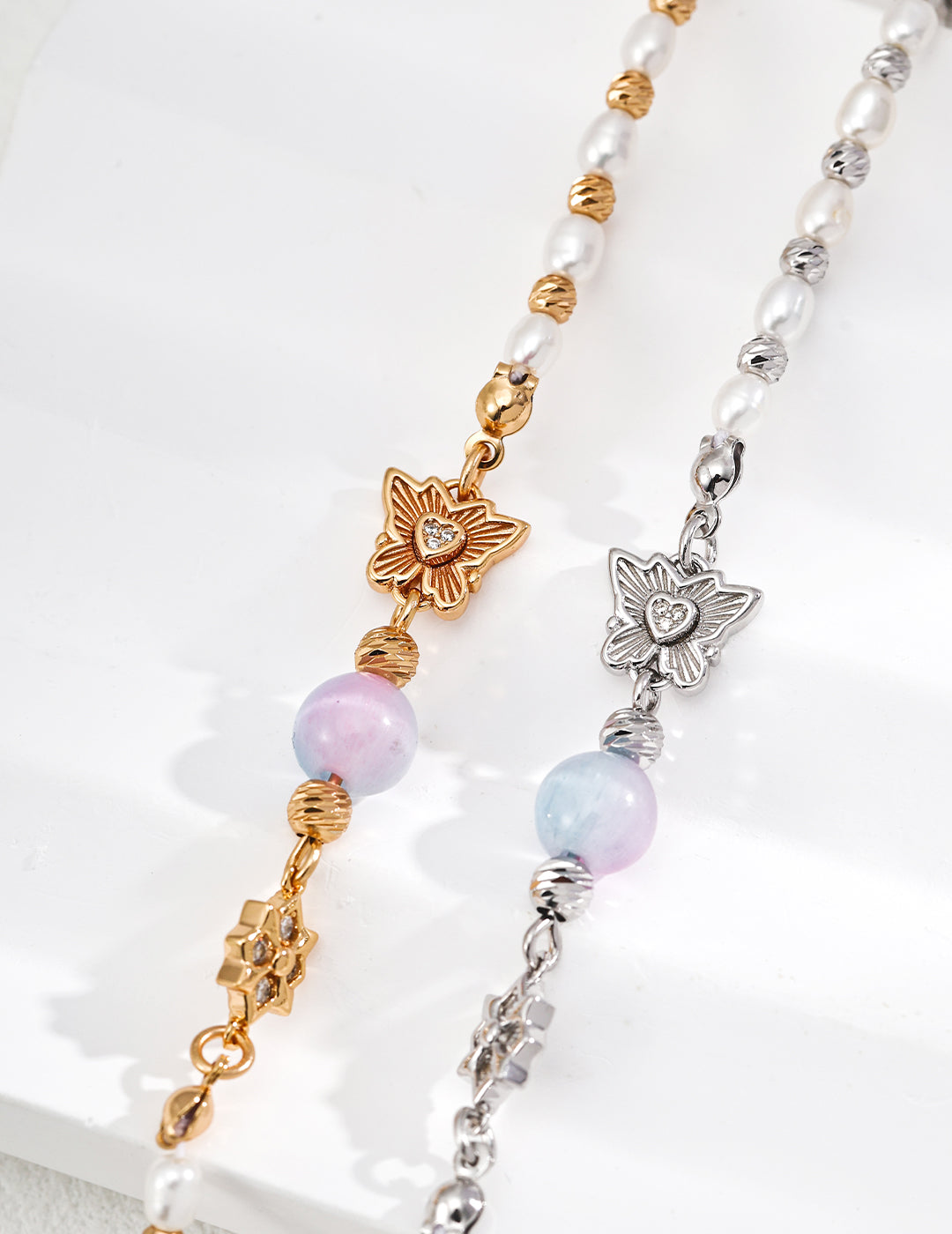 "Forest Fairy" Butterfly & Cat's Eye Pearl S925 Bracelet - Gold and Silver Pair