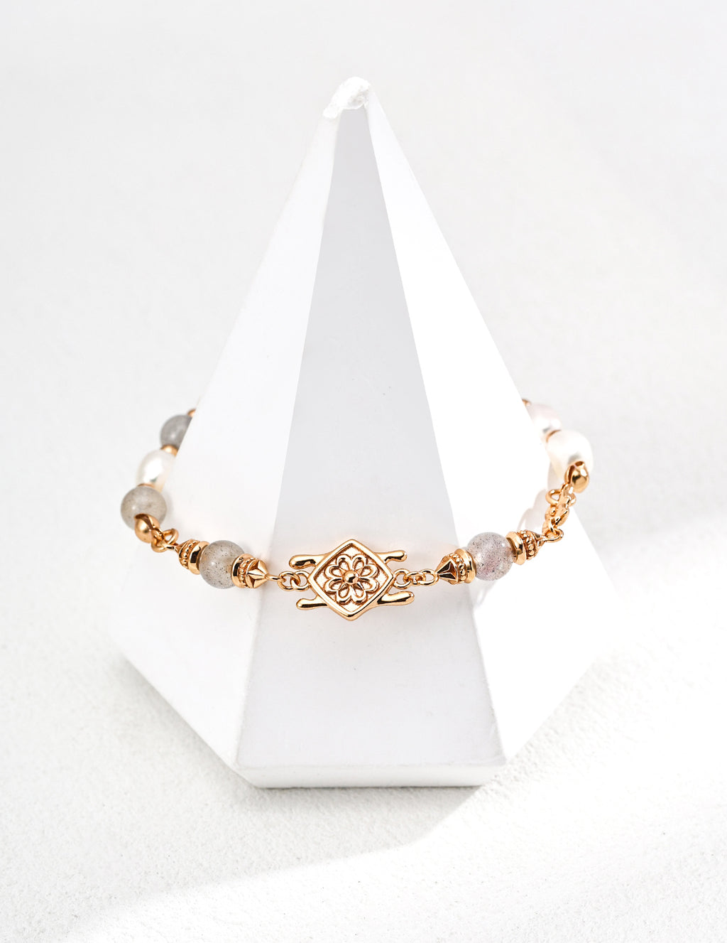 Mystic Grey Moonstone & Pearl S925 Bracelet - On Pyramid