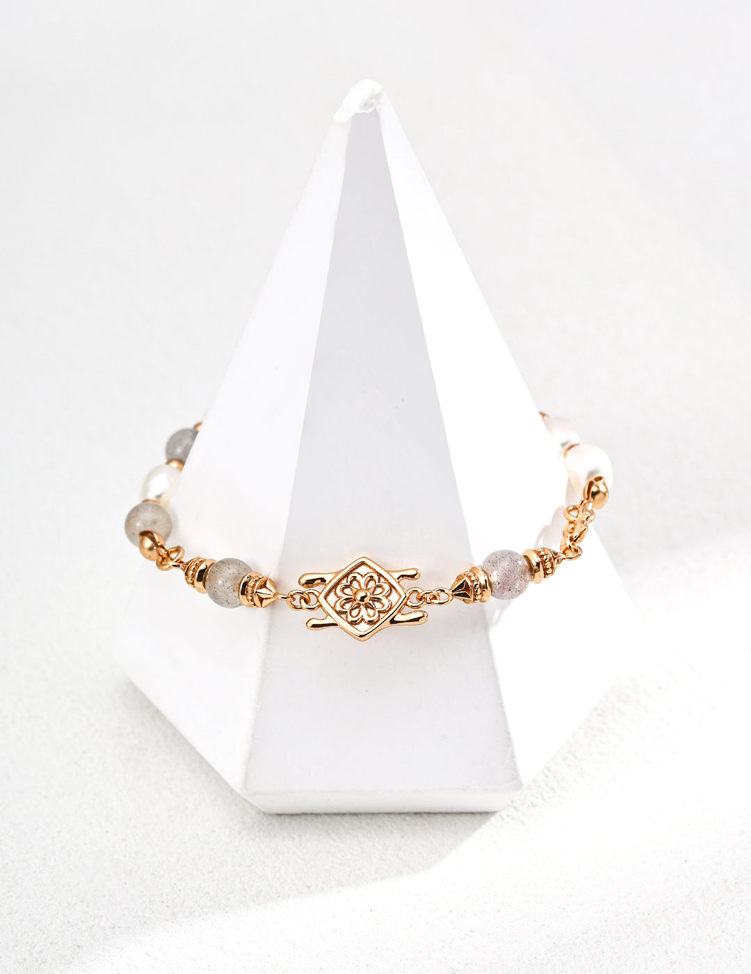 Mystic Grey Moonstone & Pearl S925 Bracelet - On Pyramid