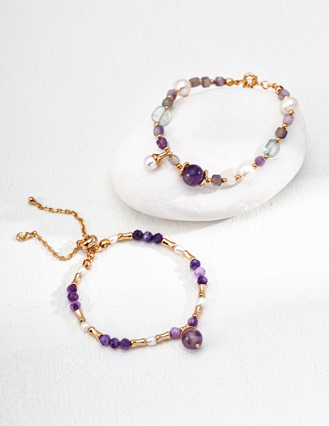 Amethyst Drop & Seed Pearl S925 Slider Bracelet - Pair on Stone
