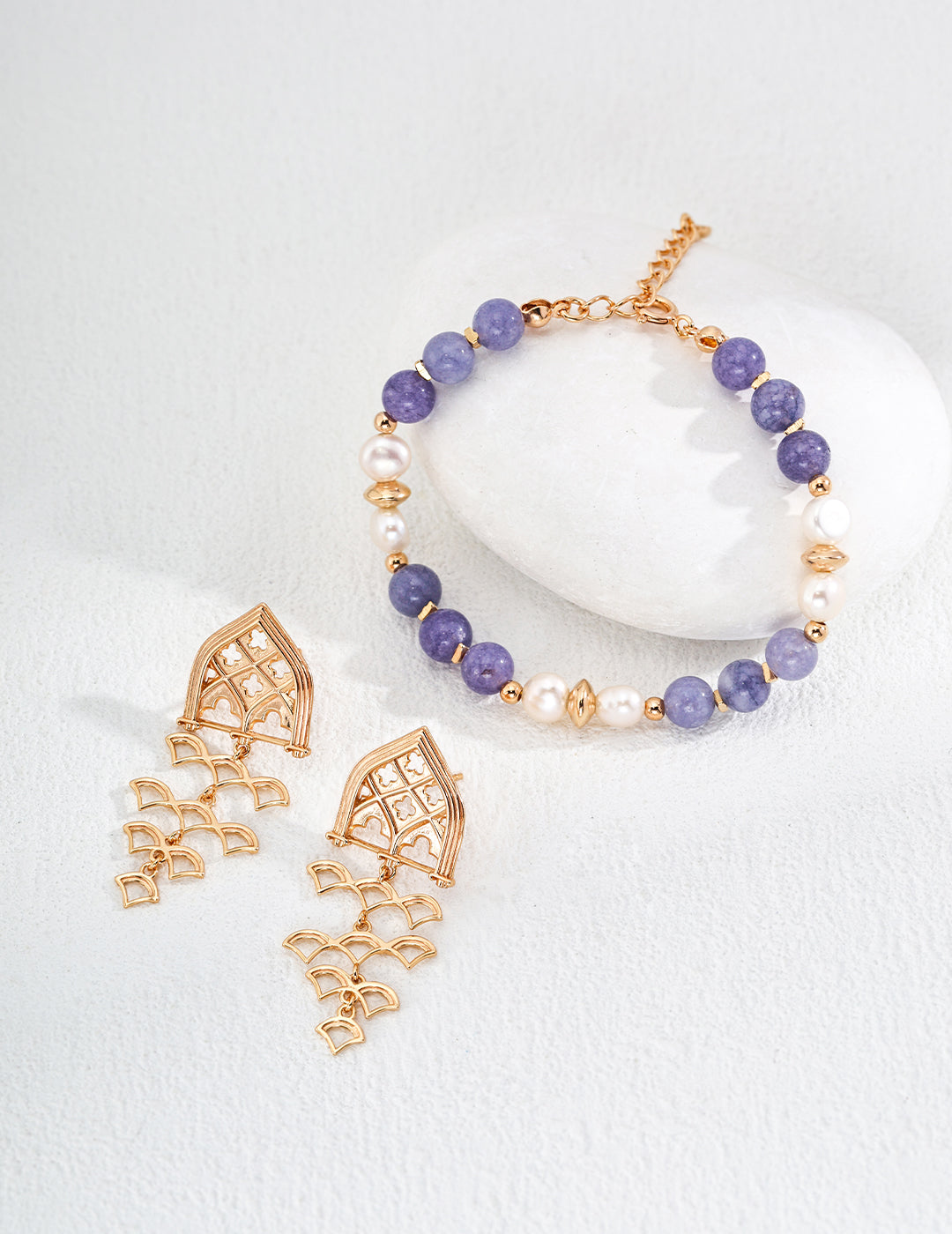 Natural Kunzite & Pearl S925 Bracelet - With Earrings
