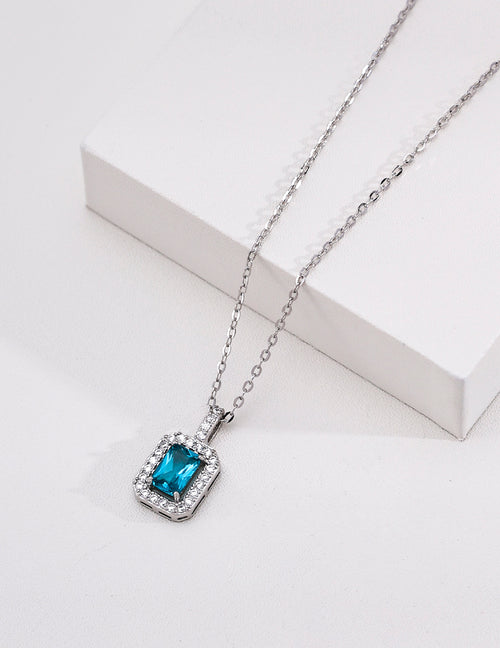 Art Deco Emerald-Cut Halo S925 Necklace - Silver Ocean Blue