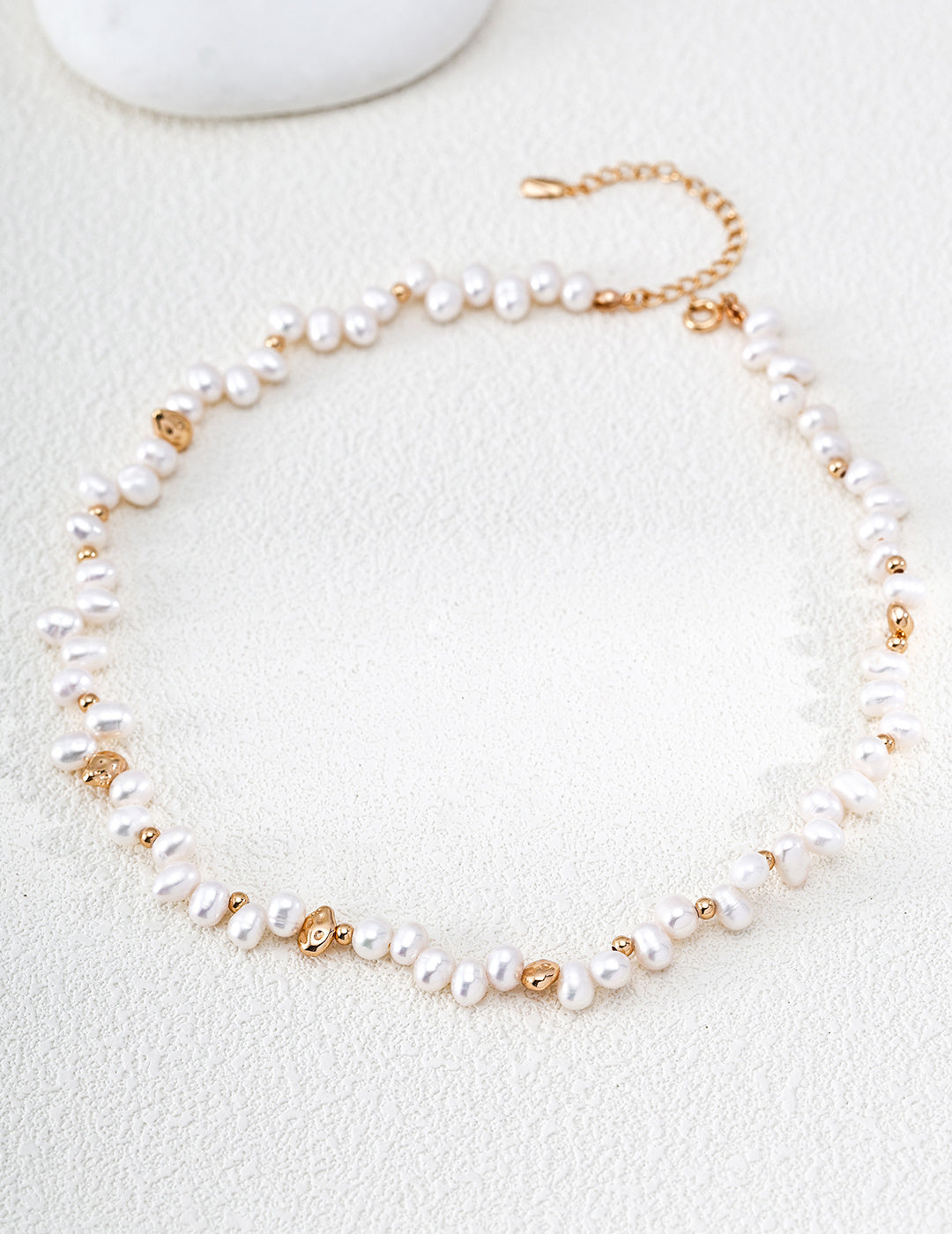 Staggered Baroque Pearl & Gold Nugget S925 Necklace - Full Strand Flat Lay