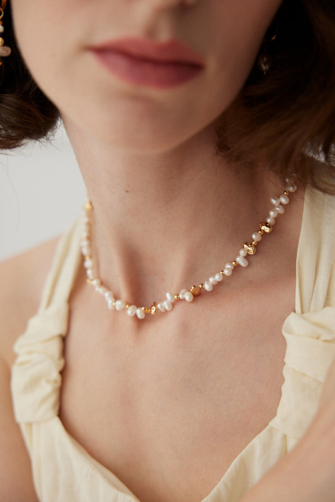Staggered Baroque Pearl & Gold Nugget S925 Necklace - Model Portrait