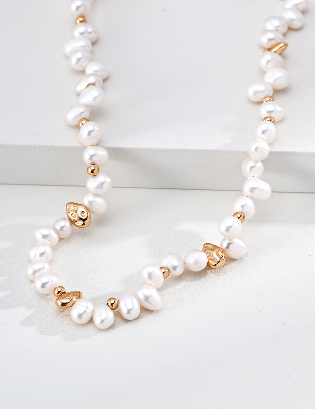 Staggered Baroque Pearl & Gold Nugget S925 Necklace - Macro on Steps