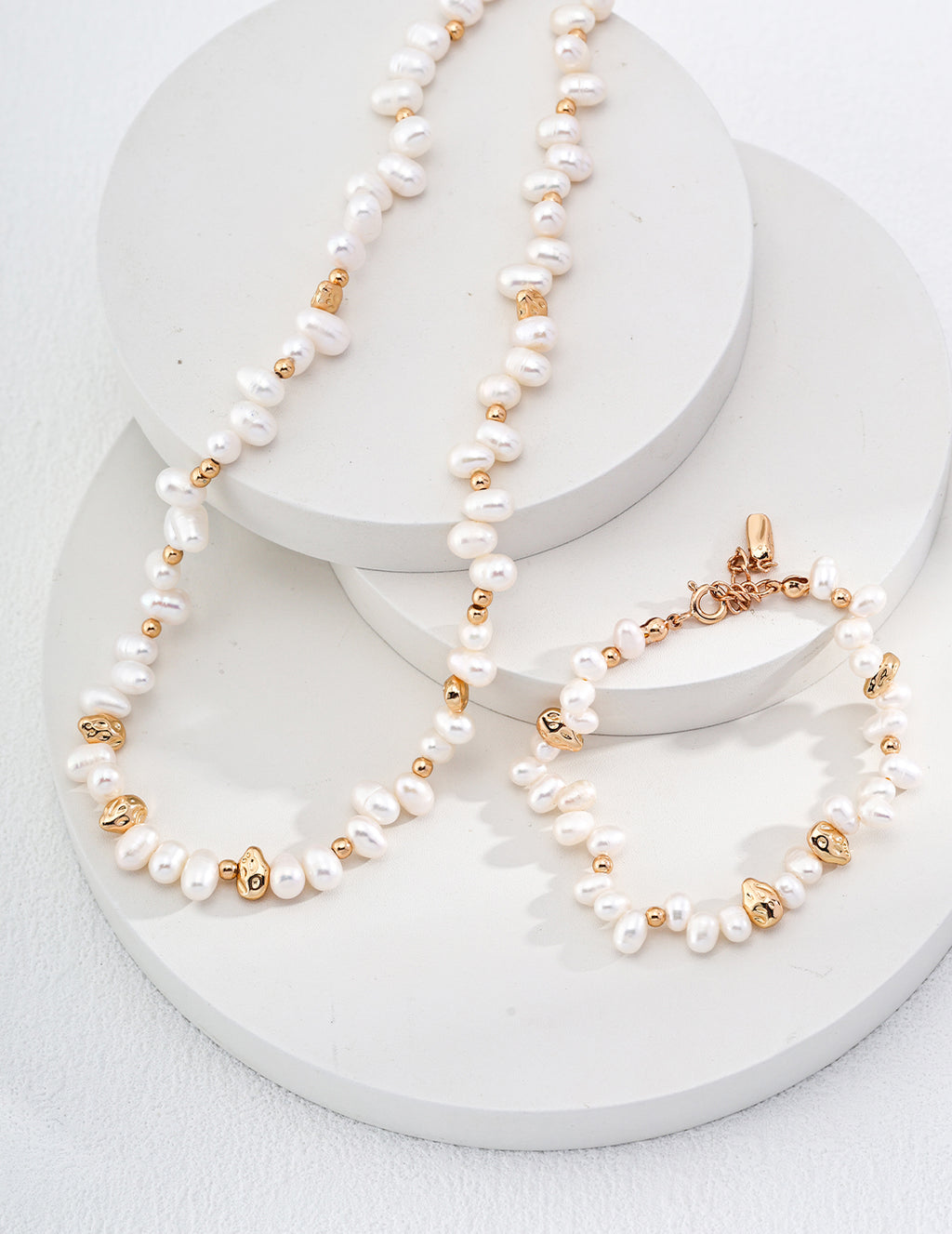 Staggered Baroque Pearl & Gold Nugget S925 Necklace - Set with Bracelet