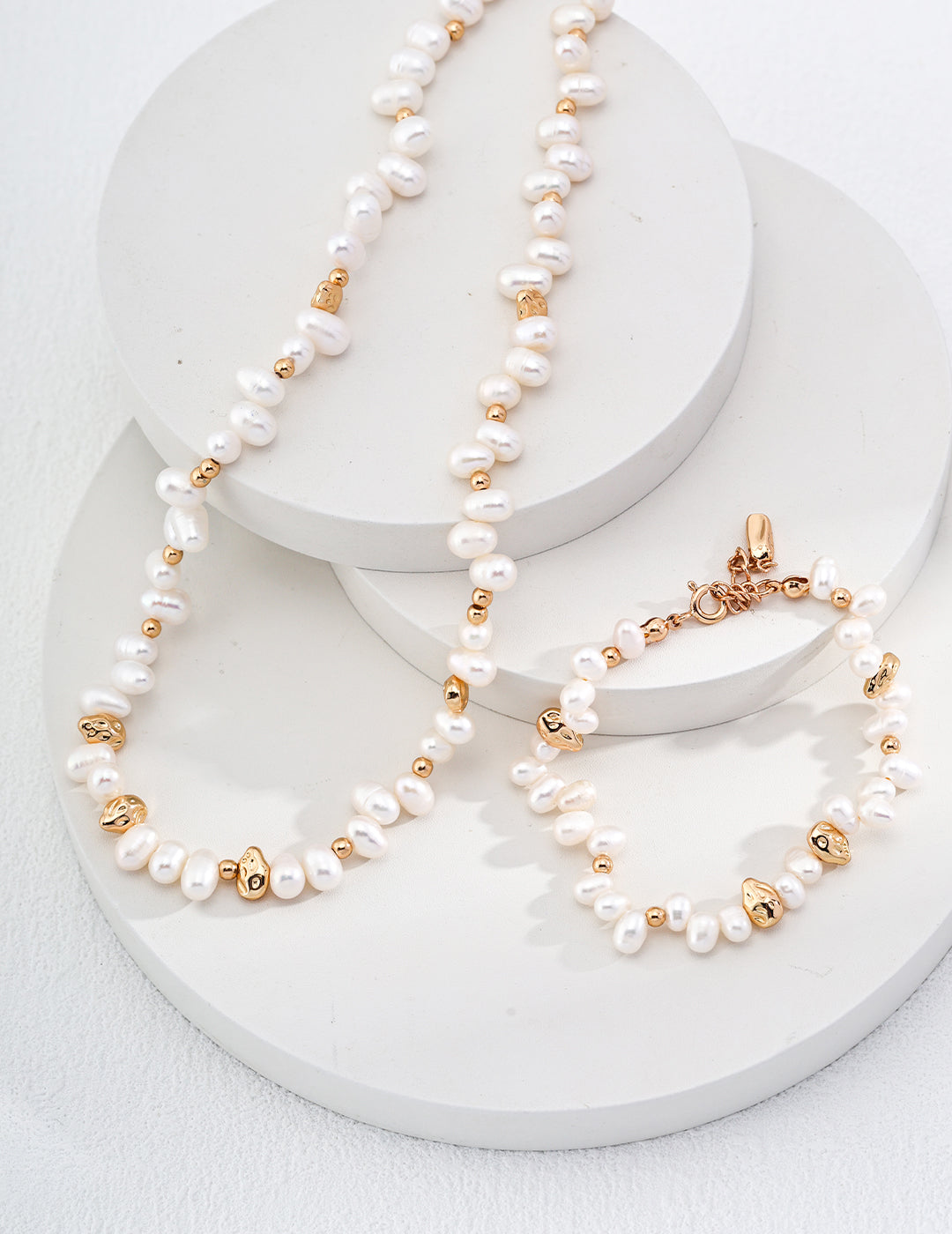 Staggered Baroque Pearl & Gold Nugget S925 Necklace - Set with Bracelet
