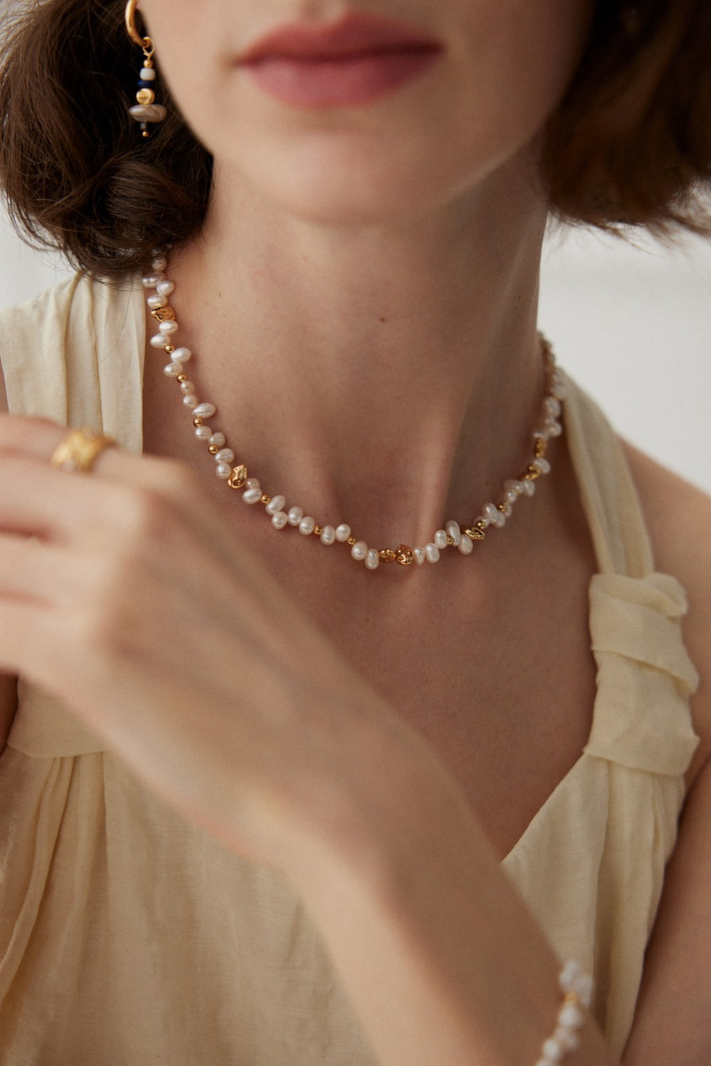 Staggered Baroque Pearl & Gold Nugget S925 Necklace - Model Wearing