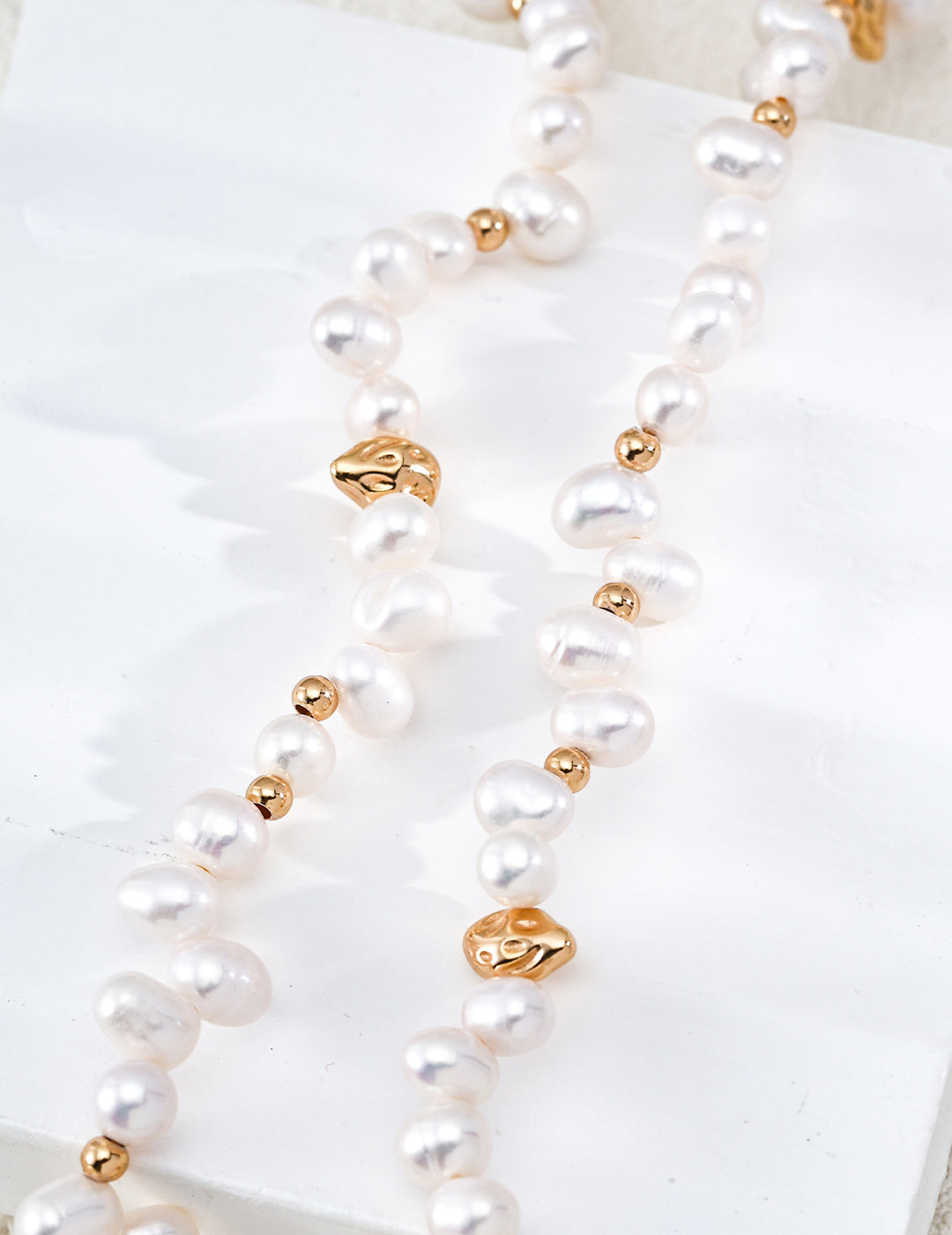 Staggered Baroque Pearl & Gold Nugget S925 Necklace - Macro Nuggets