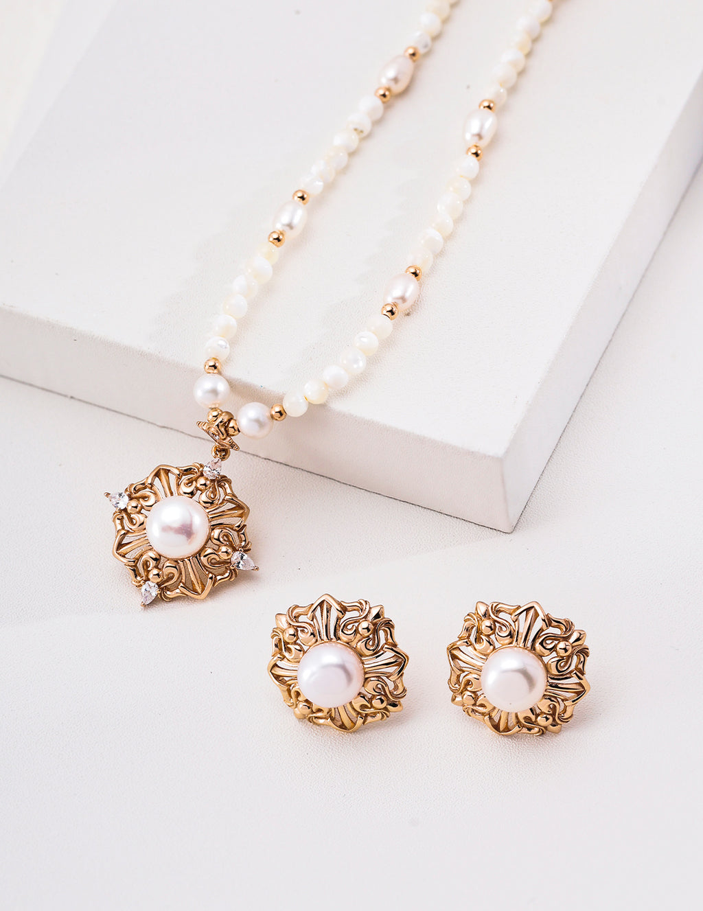 Rococo Floral Coronet Pearl S925 Necklace - Gold Jewelry Set
