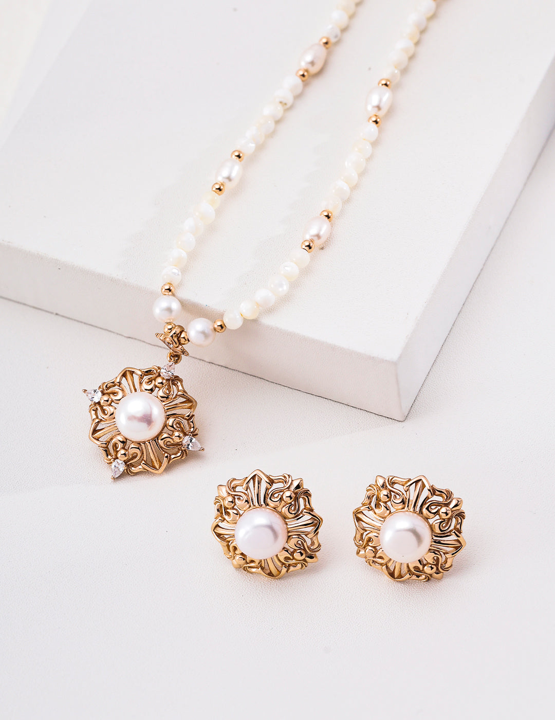 Rococo Floral Coronet Pearl S925 Necklace - Gold Jewelry Set