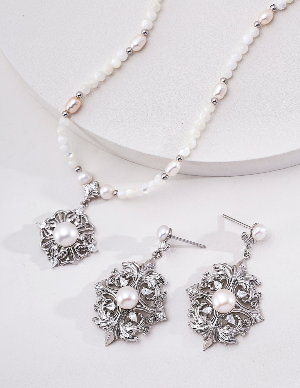 Rococo Floral Coronet Pearl S925 Necklace - Silver Jewelry Set