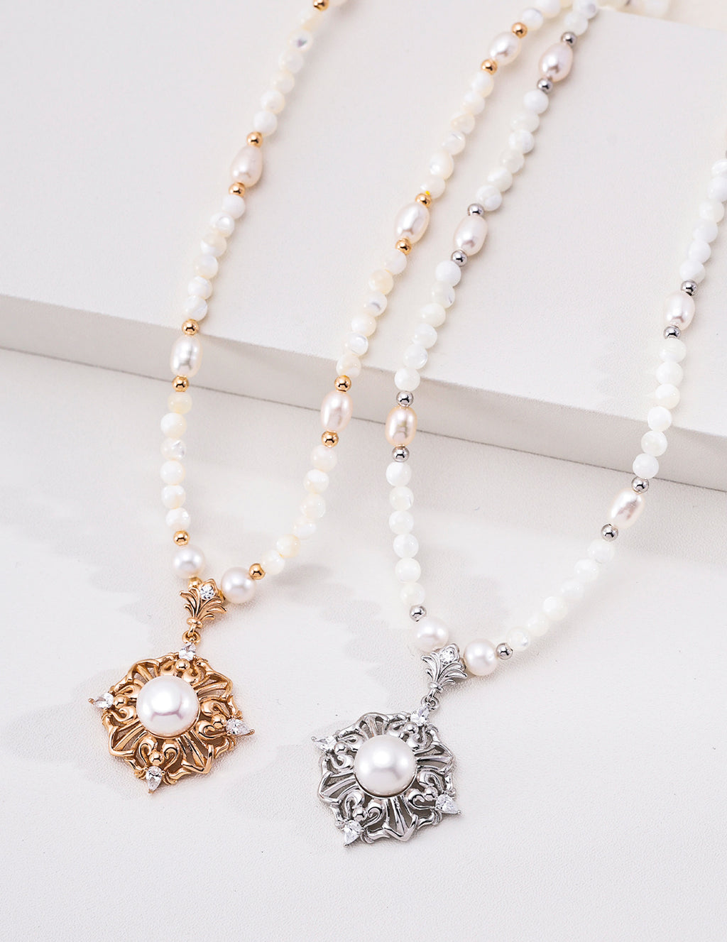 Rococo Floral Coronet Pearl S925 Necklace - Gold and Silver Pair