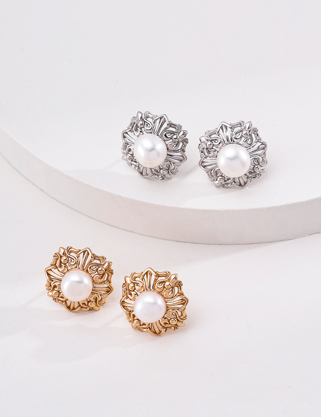 Rococo Floral Coronet Pearl S925 Necklace - Stud Earrings Pair