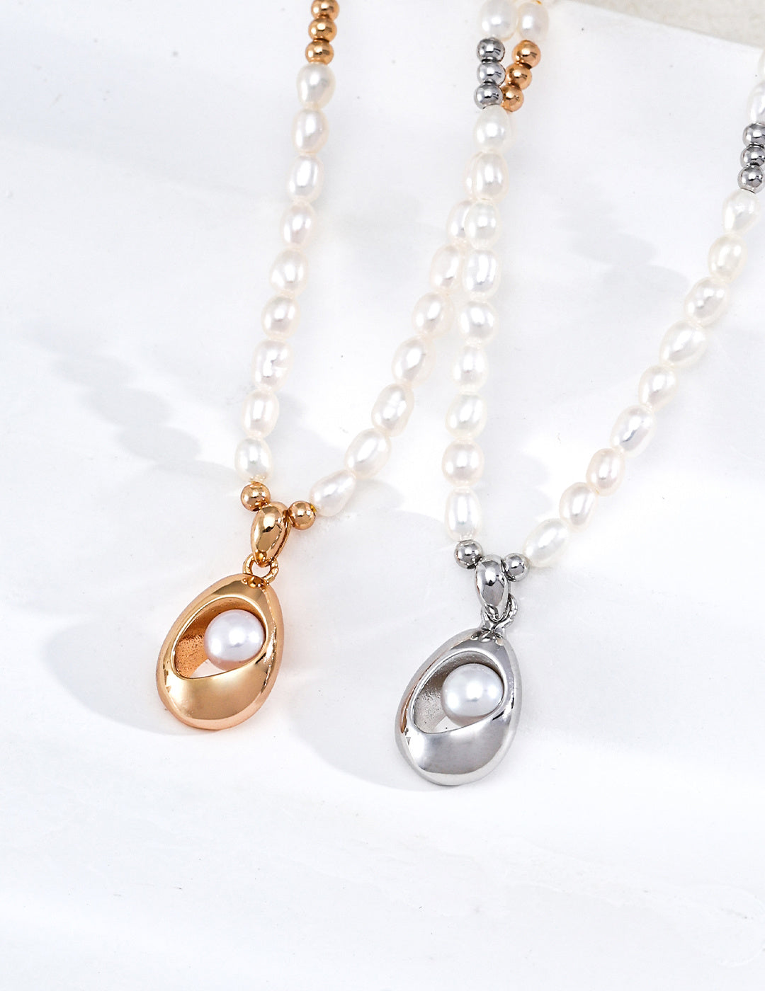 Sculptural Teardrop Floating Pearl S925 Necklace - Gold and Silver Pair