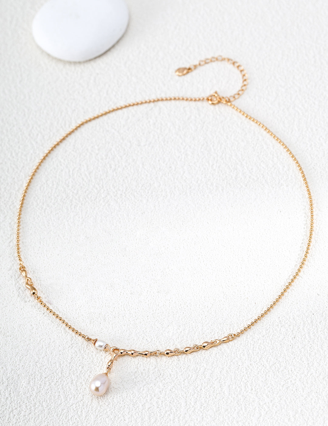 "Molten Lava" Asymmetric Pearl Drop S925 Necklace - Gold Flat Lay