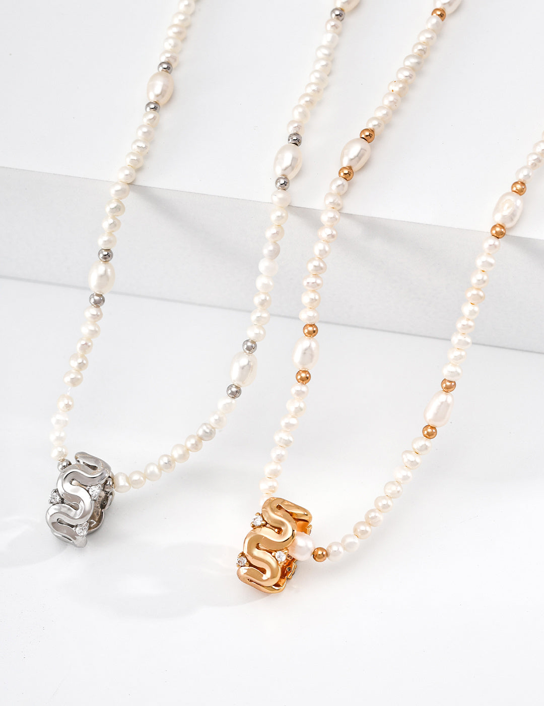 Meandering Wave Barrel Pearl S925 Necklace - Gold and Silver Pair
