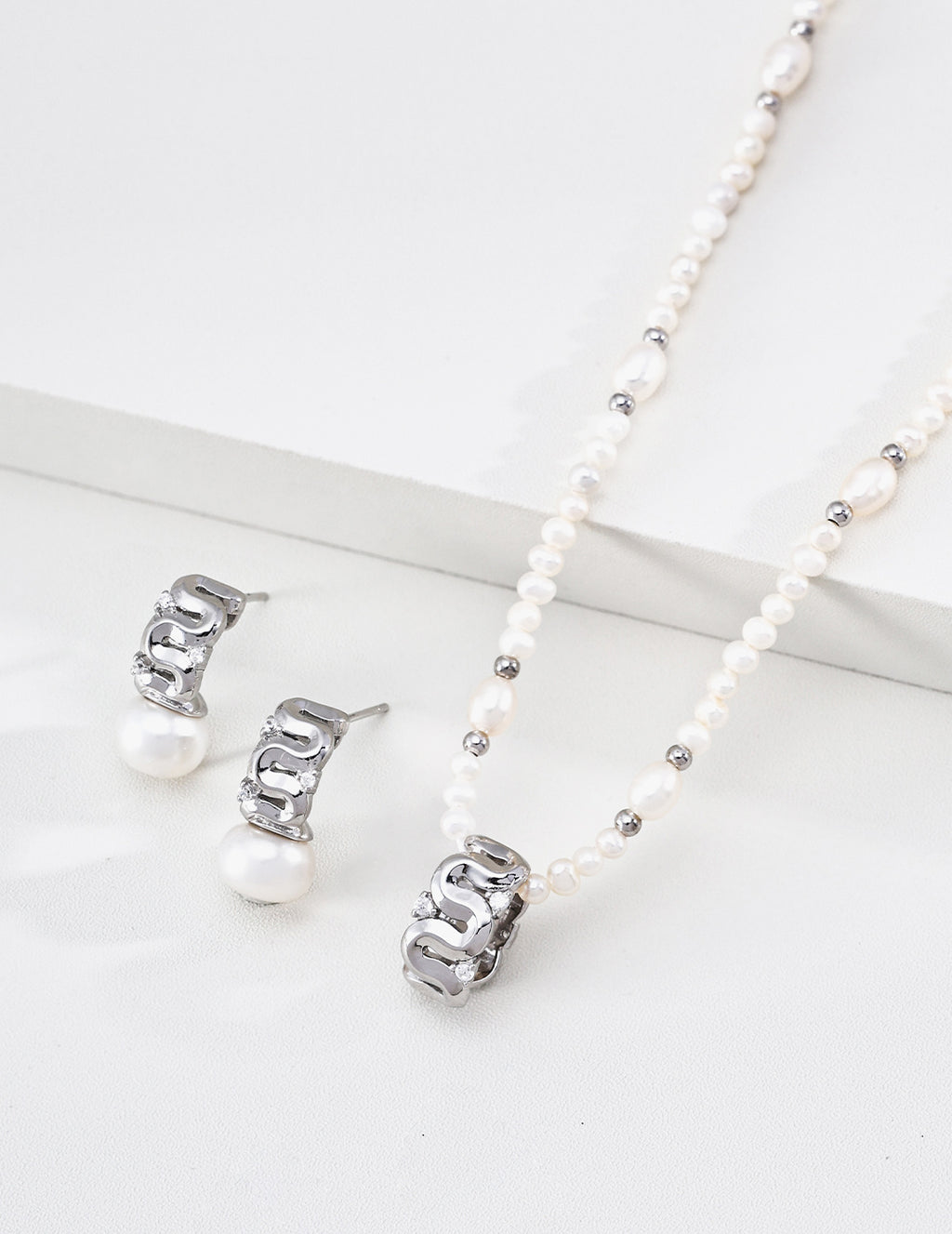 Meandering Wave Barrel Pearl S925 Necklace - Silver Jewelry Set