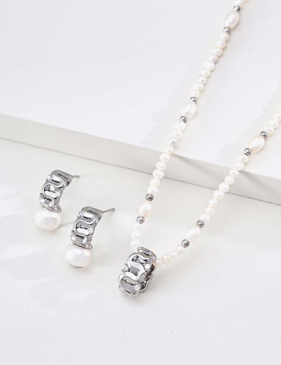 Meandering Wave Barrel Pearl S925 Necklace - Silver Jewelry Set