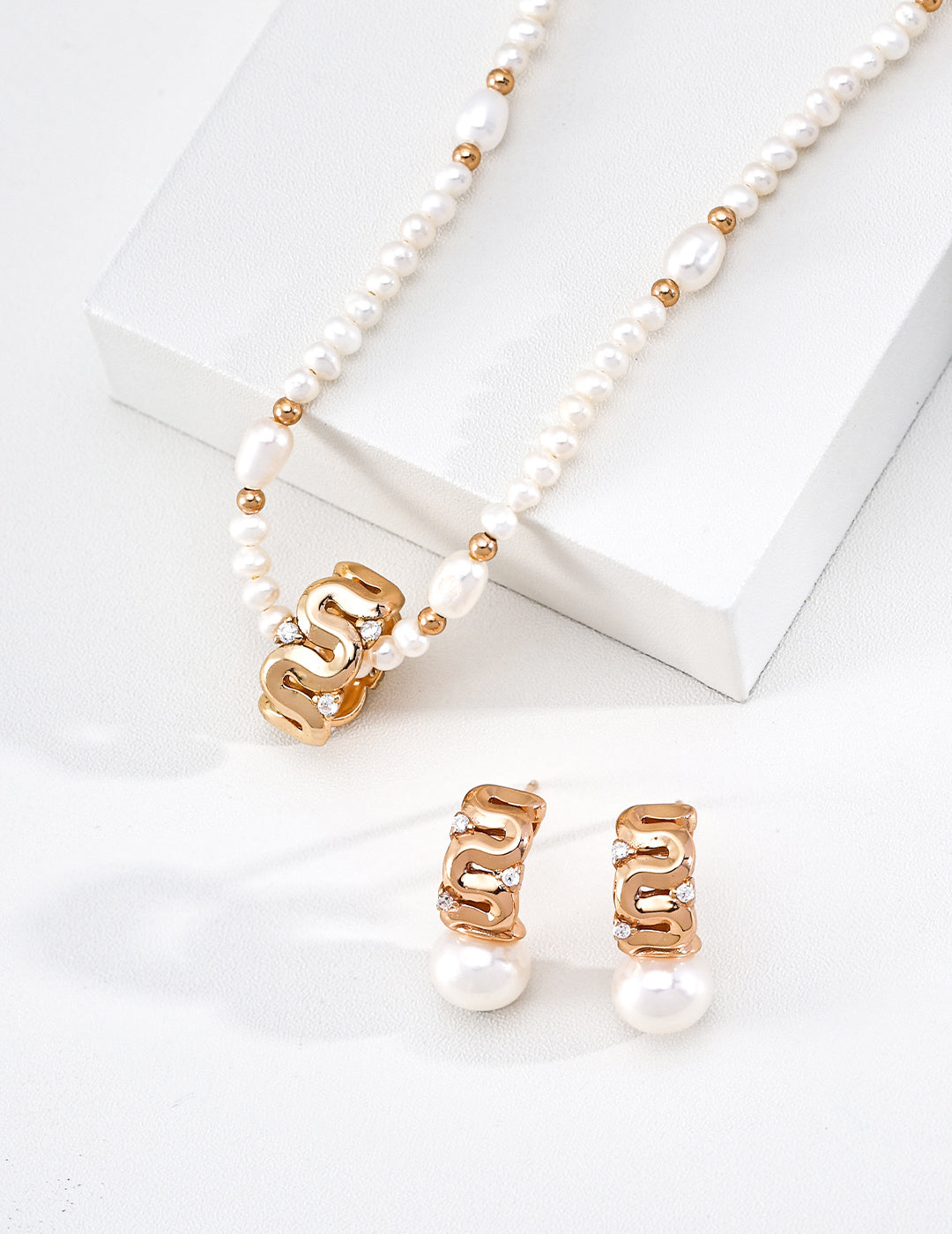 Meandering Wave Barrel Pearl S925 Necklace - Gold Jewelry Set