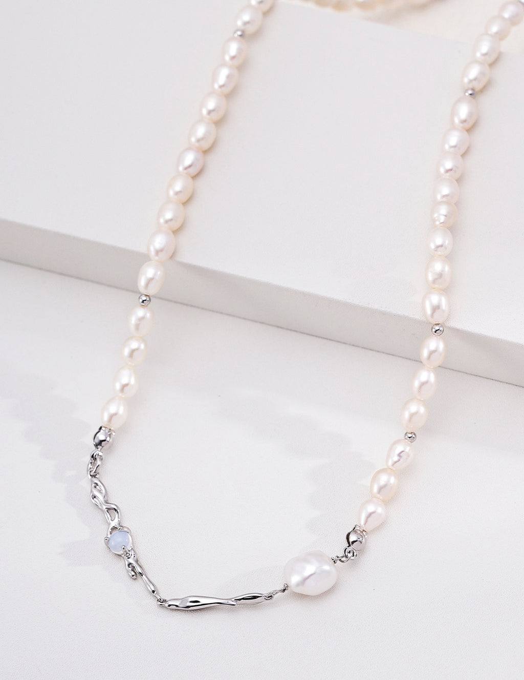 Fluid Molten Opal & Baroque Pearl S925 Necklace - Silver Close Up