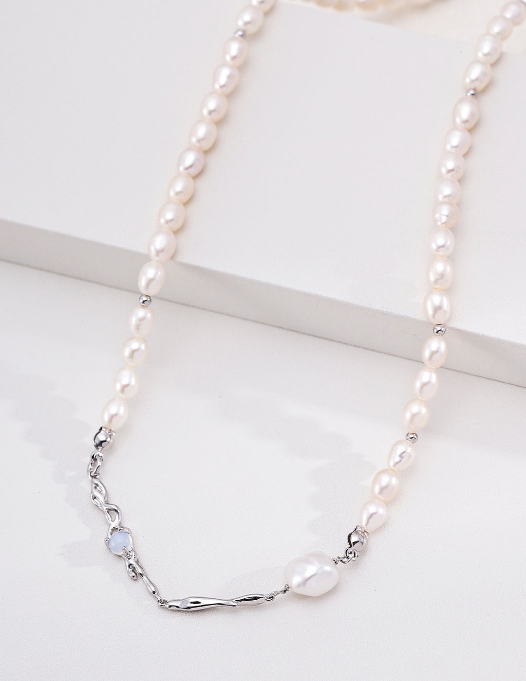 Fluid Molten Opal & Baroque Pearl S925 Necklace - Silver Close Up