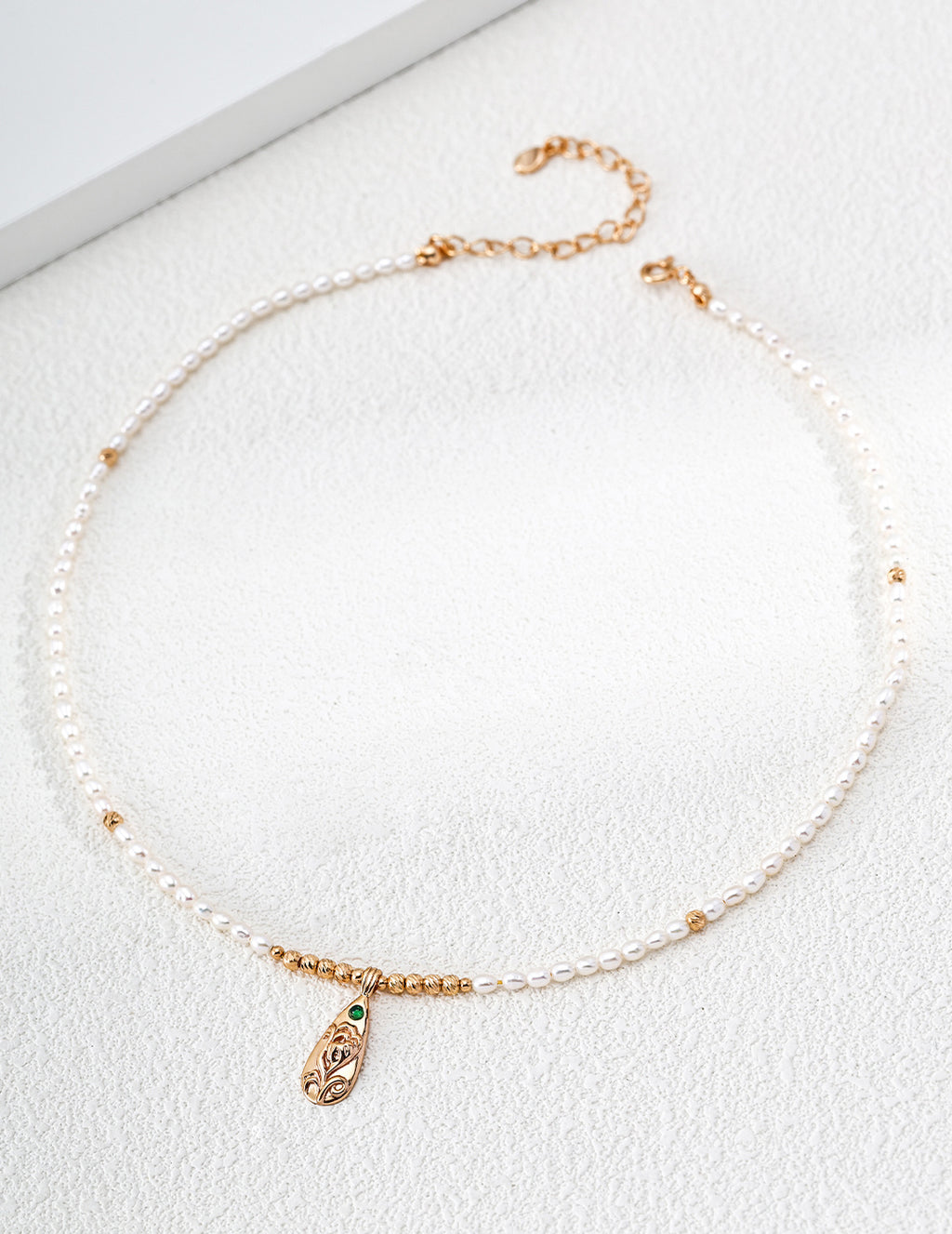 Engraved Rose Teardrop Pearl S925 Necklace - Full Strand Flat Lay