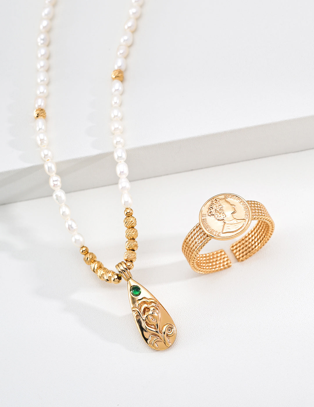 Engraved Rose Teardrop Pearl S925 Necklace - With Coin Ring