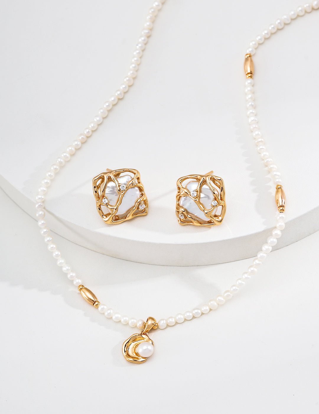 Sculptural Molten Crescent Pearl S925 Necklace - Cage Earrings Set
