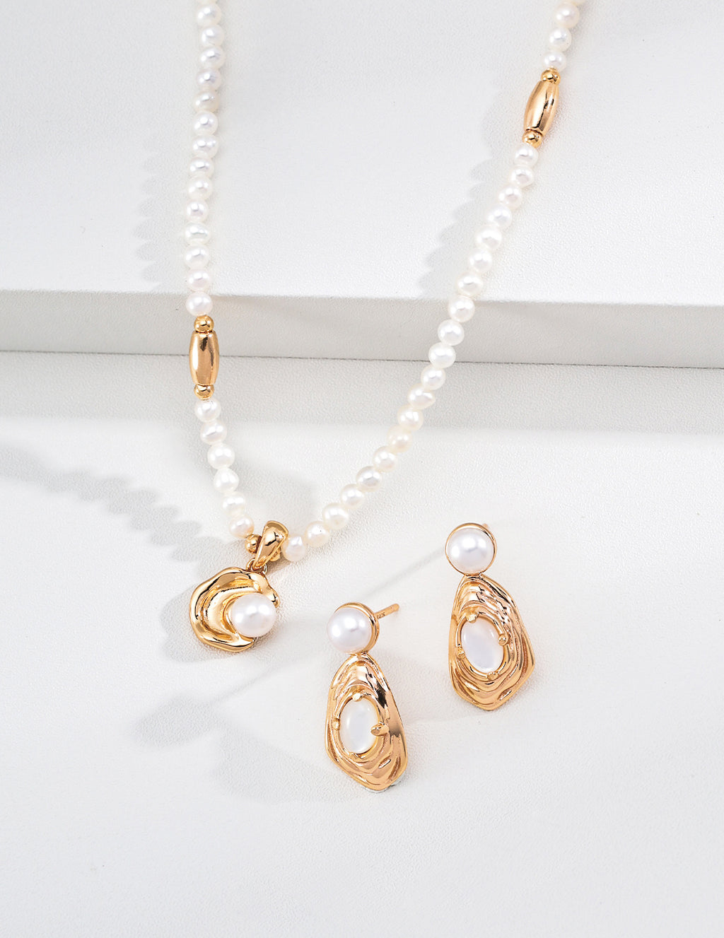 Sculptural Molten Crescent Pearl S925 Necklace - Drop Earrings Set