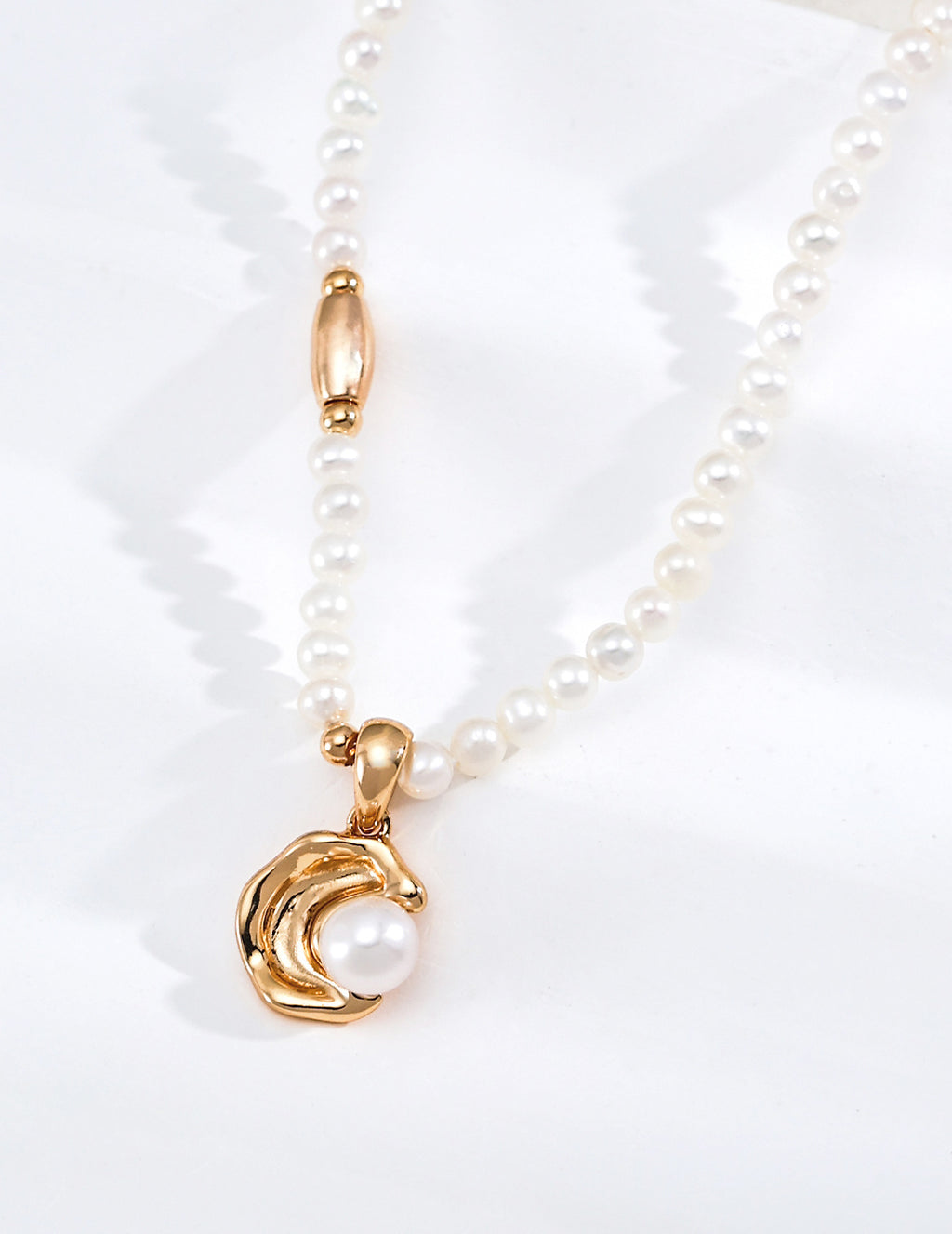 Sculptural Molten Crescent Pearl S925 Necklace - Moon Pendant Detail