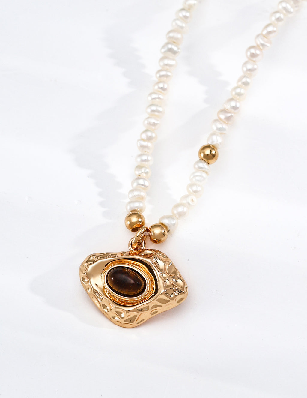 Hammered Tiger's Eye & Pearl S925 Necklace - Flat Lay