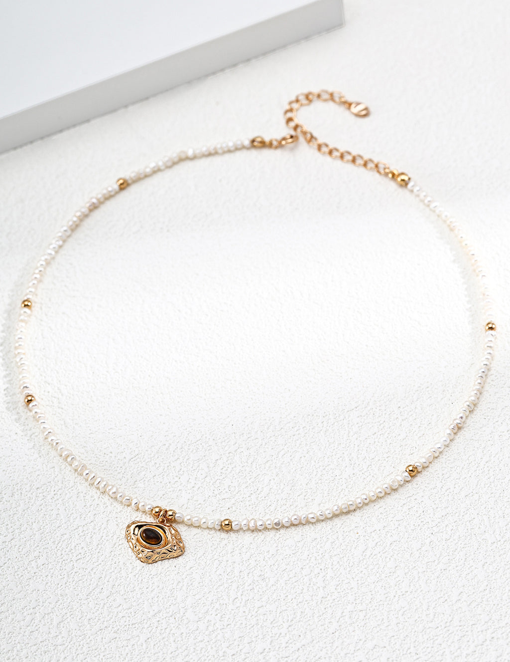 Hammered Tiger's Eye & Pearl S925 Necklace - Full Strand Flat Lay