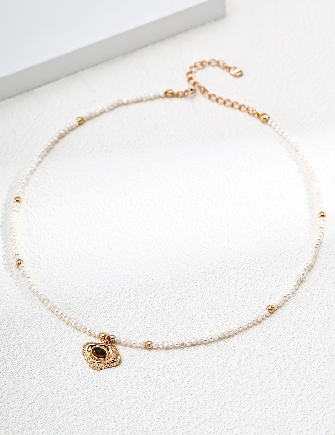 Hammered Tiger's Eye & Pearl S925 Necklace - Full Strand Flat Lay