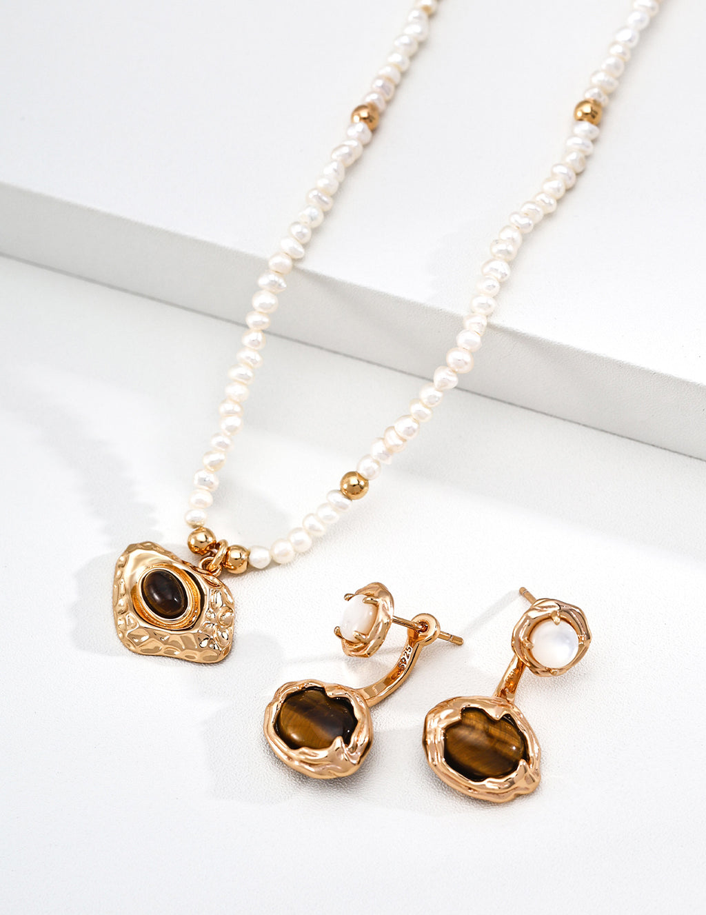 Hammered Tiger's Eye & Pearl S925 Necklace - Jewelry Set