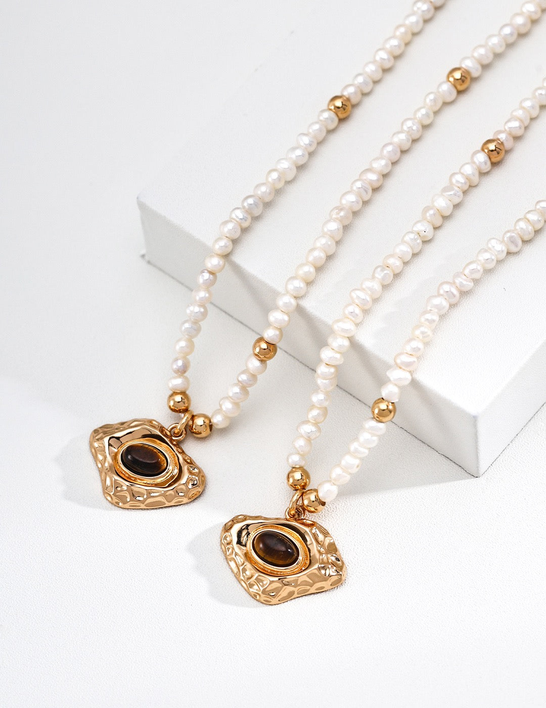 Hammered Tiger's Eye & Pearl S925 Necklace - Left and Right Tilt Pair