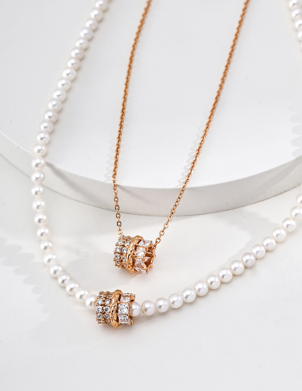 Radiant Galaxy Zirconia Barrel Pearl S925 Necklace - Gold Layered Set