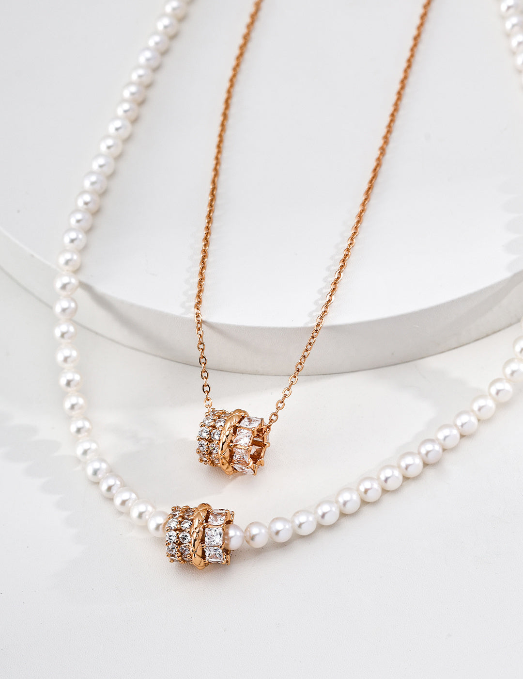 Radiant Galaxy Zirconia Barrel Pearl S925 Necklace - Gold Layered Set