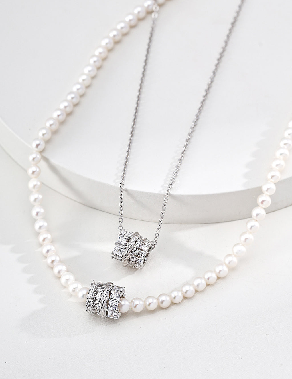 Radiant Galaxy Zirconia Barrel Pearl S925 Necklace - Silver Layered Set