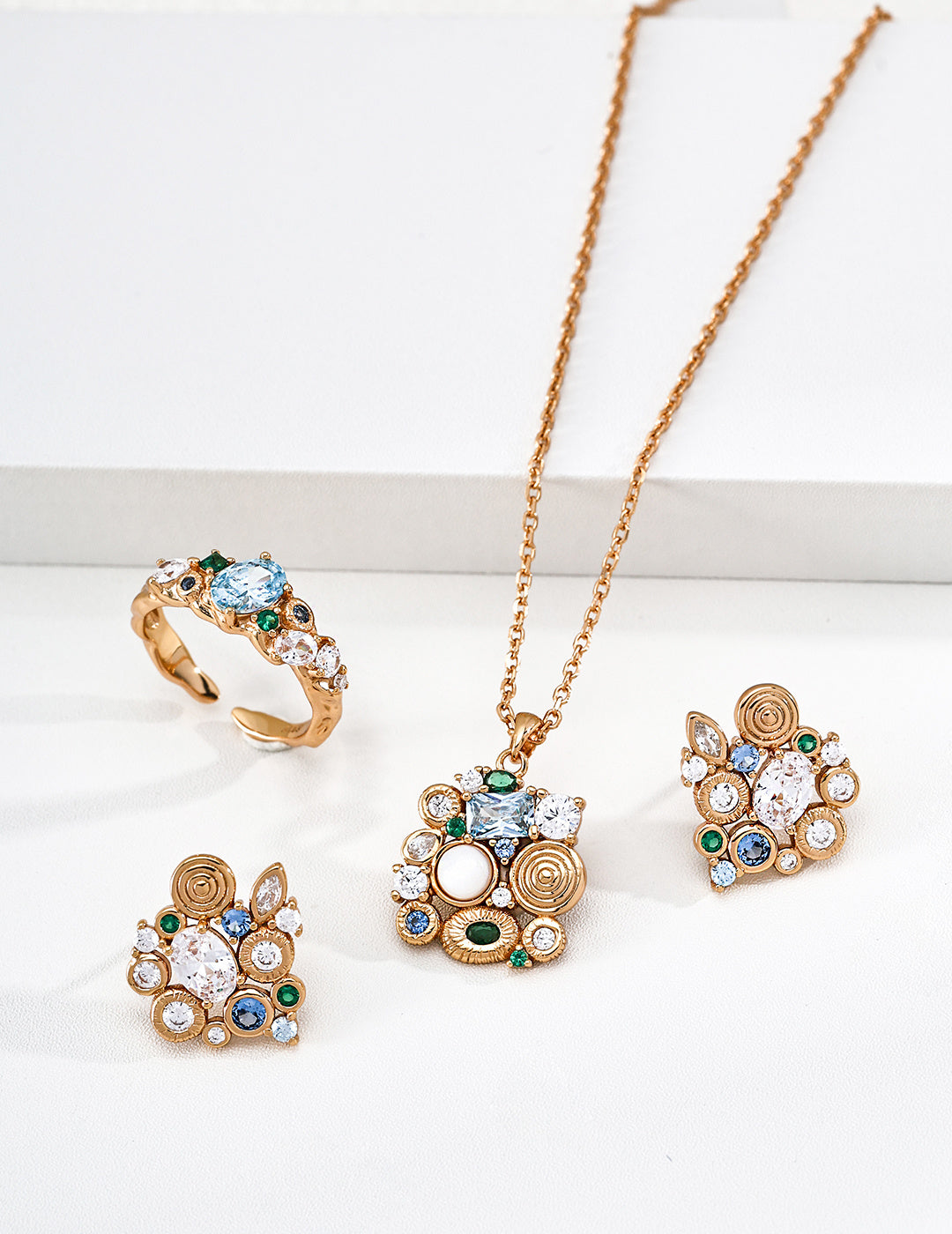 "Forest Heartbeat" Multigem Botanical S925 Necklace - Jewelry Suite Flat Lay
