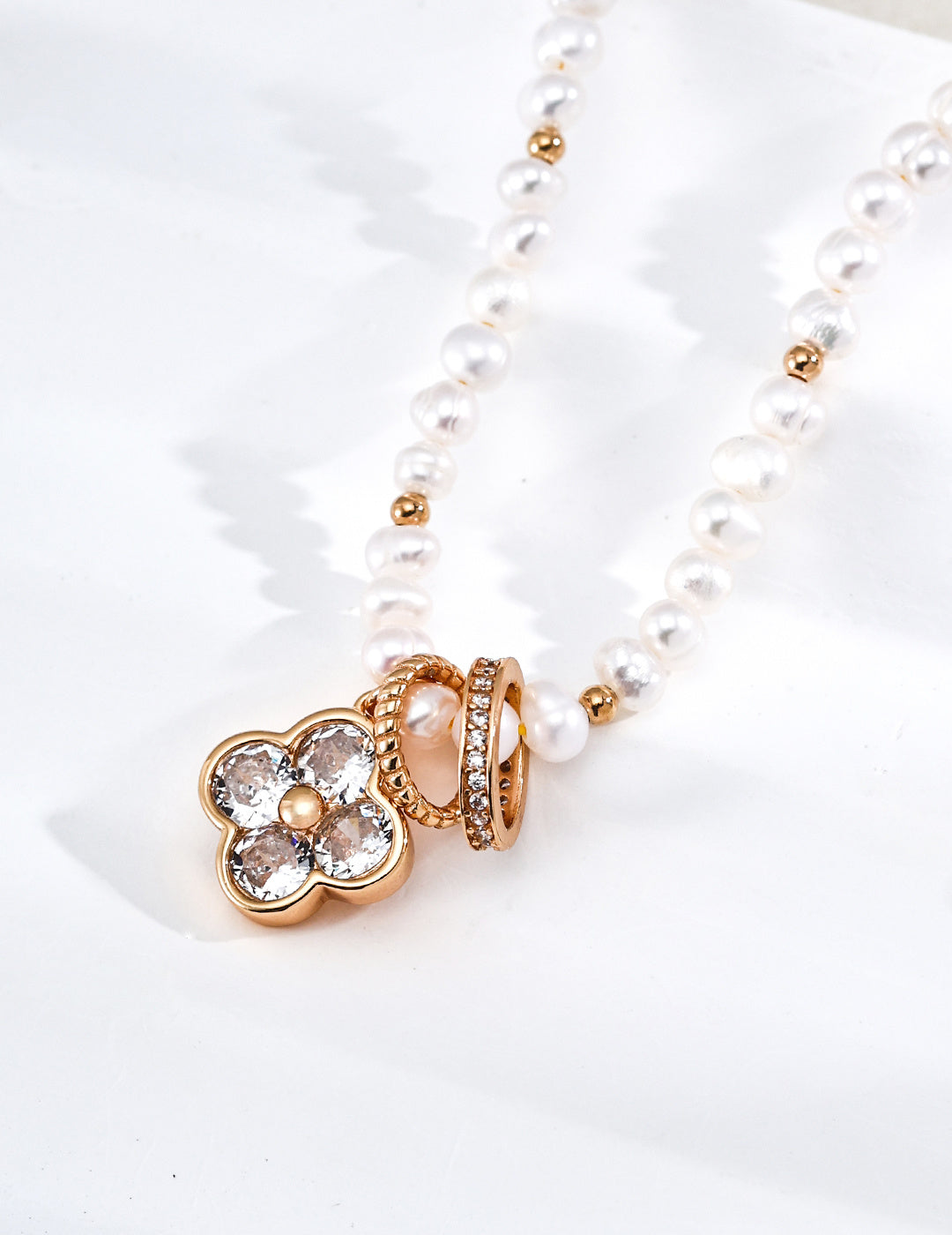 "Fourfold Fortune" Clover Pearl S925 Necklace - On White
