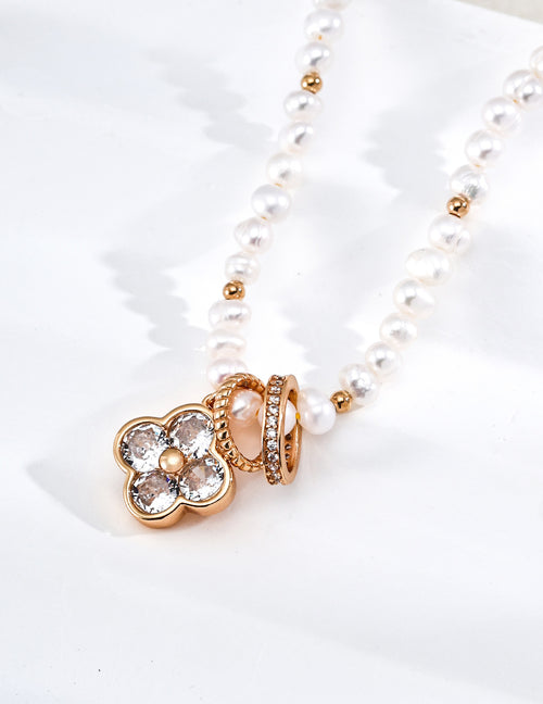 "Fourfold Fortune" Clover Pearl S925 Necklace - On White