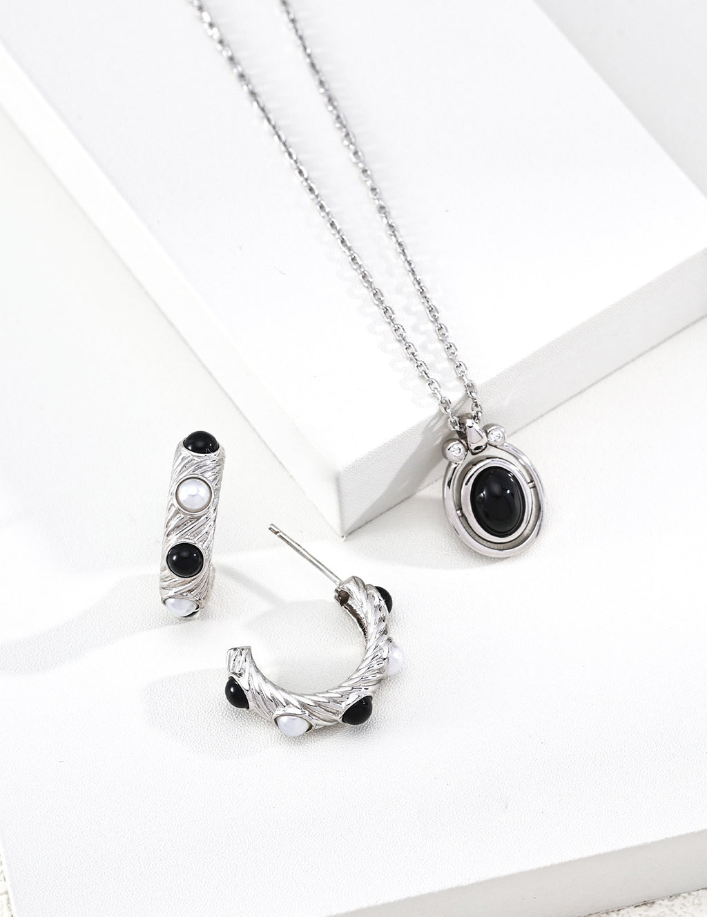 Reversible Spinning Gemstone S925 Necklace - Silver Earrings Suite