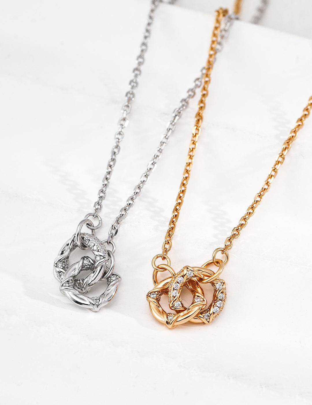 "Entwined Dream" Interlocking Circles Necklace - Gold and Silver Pair