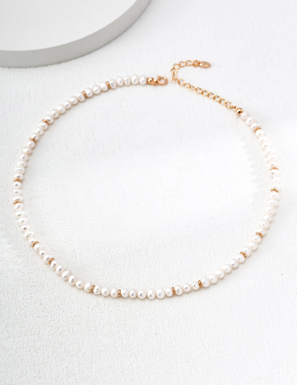 Minimalist Gold Rondelle Pearl Necklace - Full Strand Circular Flat Lay